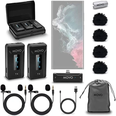 Image of Movo WMX 2 C DUO Dual Wireless Lavalier Microphones for Android with Charging Case, Onboard Mics, Clip on Lapel 7HR Battery, 100m Range, Adjustable Gain USB Video Recording
