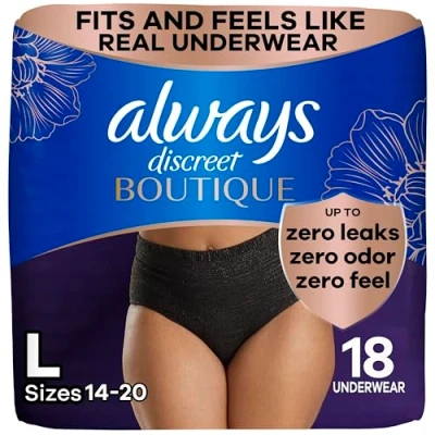 Image of Always Discreet Boutique Adult Incontinence and Postpartum Underwear for Women, Maximum Protection, Large, Black, 18 Count