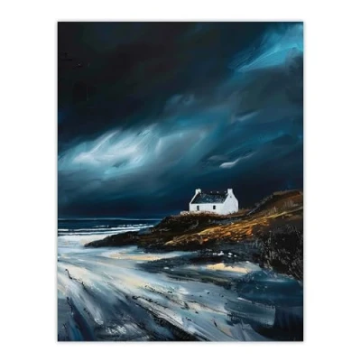 Image of Artery8 Scottish Isle Cottage Oil Painting Stormy Coastal Living Room Extra Large XL Wall Art Poster Print