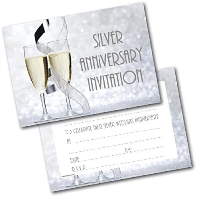 Image of Doodlecards Silver Anniversary Champagne Glasses Invitations Invites Pack of 20 Postcards and Envelopes