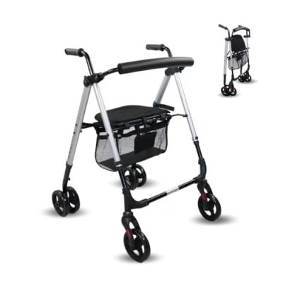 Image of Mobiclinic® Lightweight Folding Four Wheel Walker, Model Dehesa, Mobility Zimmer Frame with Wheels, Walker Seat, Foldable, Adjustable, Seat and Backrest, Basket