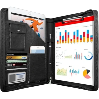Image of NEWYES Leather Zipper Conference Folder, A4, Travel Document Portfolio Wallets, Personal Agenda Organizer Black, NY A403 BL EU, Black/White, 33,5 * 25 3,5 cm