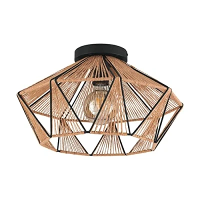 Image of Eglo Ceiling Light Fitting Adwickle, Flush Mount lamp in Vintage Design, Living Room Lighting Made of Natural Fabric and Black Metal, E27 Socket