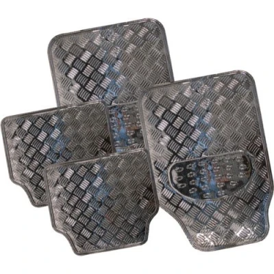 Image of 4pc Heavy Duty Alloy Checker Chrome Plate Mat Aluminium Effect Car Mats Set Van All Weather With Rubber Backing Fits Long Lasting (Carbon)