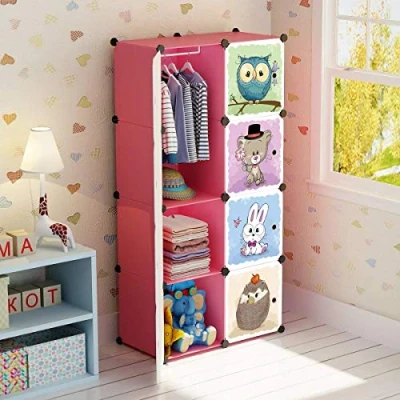 Image of BRIAN &amp; DANY Cartoon Clothes Closet Wardrobe DIY Modular Storage Organizer, Sturdy and Safe for Children, 6 Cubes 1 Hanging Sections, Pink, 75 x 47 147 cm