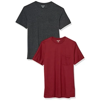Image of Amazon Essentials Men&#039;s T Shirt Slim Fit Short Sleeved Crewneck Pocket, Pack of 2, Charcoal Heather/Burgundy, XS