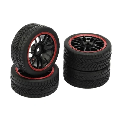Image of Pxyelec 4 Pack Black RC 1:10 On road Racing Car 14 Spoke Plastic Hub Wheel Rim and V Tires Tyres