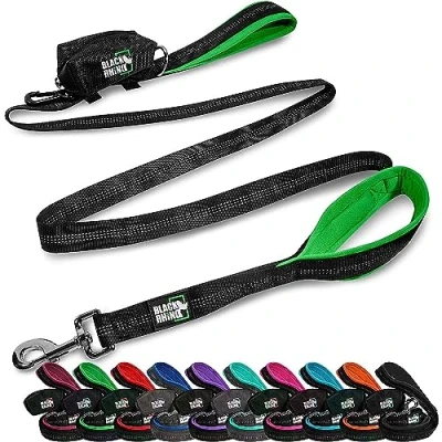 Image of Black Rhino Dog Leash Heavy Duty Medium &amp; Large Dogs 6ft Long Leashes Two Traffic Padded Comfort Handles for Safety Control Training Double Handle Reflective Lead (Green)