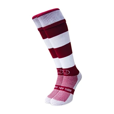 Image of WackySox Maroon and White Hoop Rugby Socks, Sports Socks for Men Women, Mens Work Perfect Riding, Football, Running, Hockey other Activities