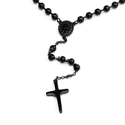 Image of DonDon men&#039;s rosary ball necklace stainless steel 63 cm packed in a black velvet bag.