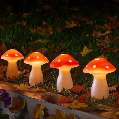Image of Garden Mile 4pc Solar LED Mushroom Lights Autumn Lighting for Outdoor Toadstool Light Up Decorations Large Lamps Outdoors