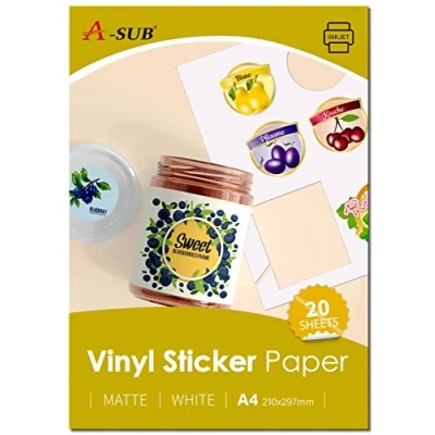 Image of A SUB White Matte Premium Waterproof Printable Vinyl Sticker Paper, Self Adhesive Labels for Inkjet Printers, A4 Size, 20 Sheets