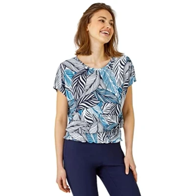 Image of Roman Originals Metallic Leaf Print Stretch Top for Women UK Ladies Everyday Holiday Spring Summer Round Neckline Comfy Soft Evening Vacation Work Party Petrol Blue Size 20