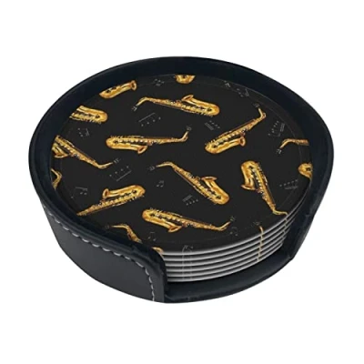 Image of Round Coasters, Saxophone,Mugs Pad Cups Mat Set of 6 Leather Drinks Coasters with Holder