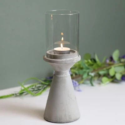 Image of Small Grey Hurricane Cement Concrete Tea Light Candle Holders Lantern with Glass Shade