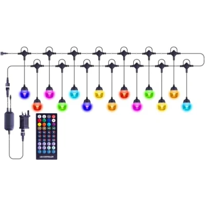 Image of App and Remote Controlled Colour Changing Outdoor String Lights RGB + W LED 13M Waterproof Commercial Dimmable Festoon 14 Shatterproof Lamps for Patio, Garden, Christmas.