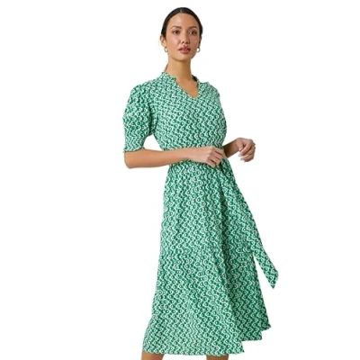 Image of Roman Originals Women Tropical Leaf Print Shirt Dress Ladies Spring Everyday Summer Holiday Collar Neck Soft Short Sleeve Button Down Gown Cruise Belt Vacation Light Green Size 18