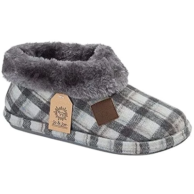 Image of Jo &amp; Joe Chiltern Fur Lined Collar Slipper Boot 6 UK Charcoal Tartan