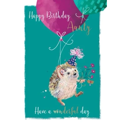 Image of Ling Design Artistic Birthday Greeting Card &#039;Happy Aunty&#039; Adorable Hedgehog and Balloon Illustration With a Gold Foil Finish