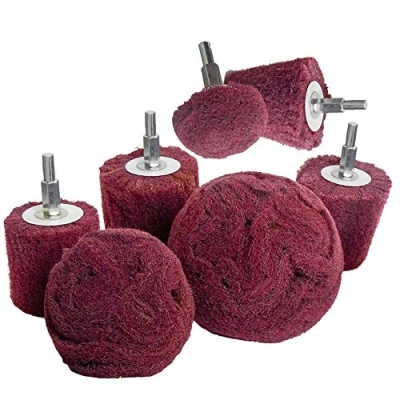 Image of Polishing (brushing) shaped scouring pad grinding head 7 Pcs Red Non Woven Abrasive Drill Buffing Attachment Set with 1/4 Handle for Manifold/Aluminum/Stainless Steel/Chrome etc