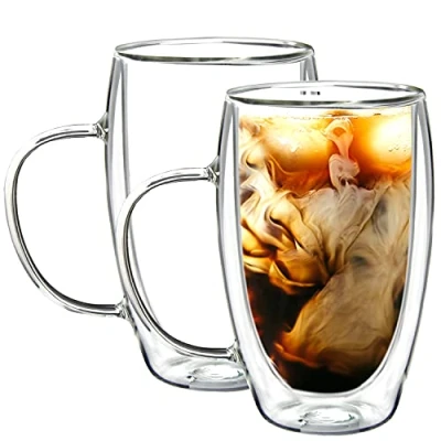 Image of Youngever 2 Pack 450ML Glass Coffee Mugs, Double Wall Thermo Insulated Cups, Tea Mugs