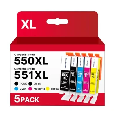 Image of Coloran 550 551XL Replacement for Canon PGI CLI 551 Ink Cartridges Compatible Pixma iP7250 MG5650 MX925 MG5550 MG5450 iX6850 MG7500 Multifunction Wireless Inkjet Printer (PGBK/B/C/M/Y, 5 Pack)