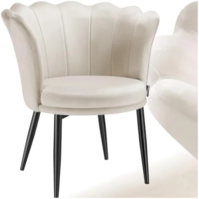 Image of TecTake® Armchair with Velvet Look Cover &amp; Soft Padding, Accent Chair Flower Shaped Backrest Slim Steel Legs, Ideal Desk Vanity for Bedroom, Living Room, Home Office Cream/Black