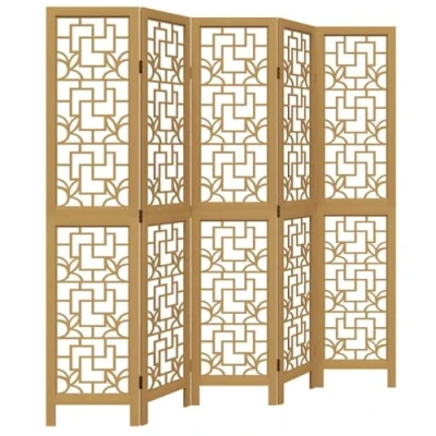 Image of vidaXL 5 Panel Room Divider Brown Solid Paulownia Wood &amp; Engineered Wood, Folding Privacy Screen for Living Room, Bedroom, Office