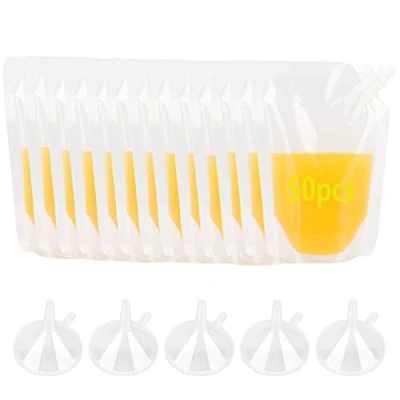Image of HAKZEON 50 PCS 350ML Drink Pouches for Festival, Clear Reusable Liquor Pouch Flask with Spout and Funnel, Hand Held Stand up Bag Travel Drinks Container Bags Leak Proof Hot Cold Beverage