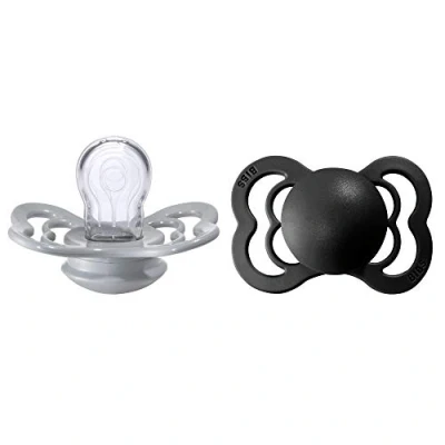 Image of BIBS Supreme Soother 2 Pack, BPA Free Dummy Pacifier, Symmetrical Nipple. Silicone, Size 1 (0 6 Months), Cloud/Black
