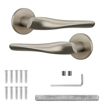Image of Decoranddecor Satin Nickel Door Handles Internal Aluminium Handle Sets Silver for Wooden Interior Doors Bedrooms &amp; Bathroom Nanda Range