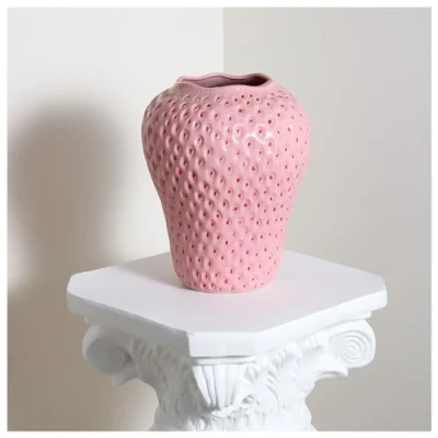 Image of PURZEN Ceramic Strawberry Vase Pink Home Decor Modern Cute Table Decoration Unique and Beautiful Ceramic,Pink,L