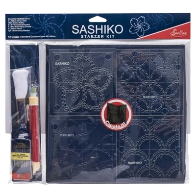 Image of Sew Easy Sashiko Kit 40 x 40cm Cushion Cover Kit, Complete Set with Thread Fabric Templates Pencil Needles Instructions