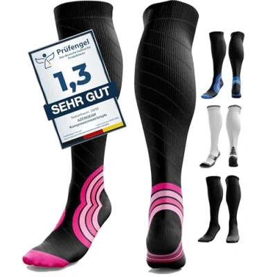 Image of aZengear Compression Socks (20 30mmHg) Anti DVT Air Flying Knee High Flight Travel Stockings, Swollen Legs, Varicose Veins, Running, Shin Splints Calf Pressure Support, Sports (Black w Pink L/XL)