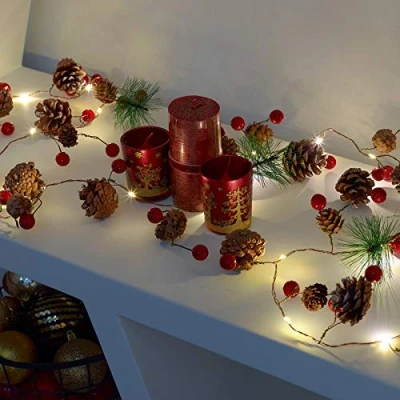 Image of GloBrite Christmas Garland with Lights 2 Meters, 20 LEDs Pre Lit, Table Decoration, Fireplace Decorations Indoor Garland, Xmas Decorations, Fireplace, Stair