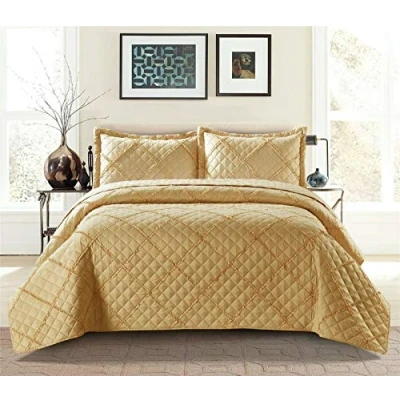 Image of Luxury Quilted Solid Colour Bedspread Ruffle Embossed Comforter with Pillow Case Bedding Set (Mustard, Single)