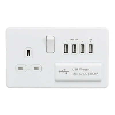 Image of KnightsBridge Screwless 13A switched socket with quad USB charger (5.1A) matt white