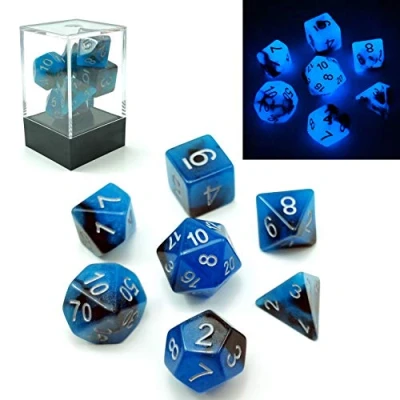 Image of Bescon Two Tone Glow in the Dark Polyhedral Dice Set BLUE DAWN, Luminous RPG d4 d6 d8 d10 d12 d20 d% Brick Box(Blue Dawn)