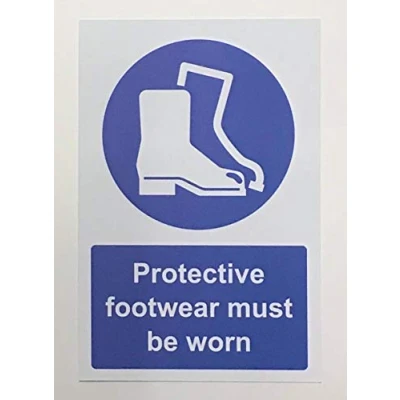 Image of Protective footwear must be worn Safety sign Self adhesive sticker 200mm x 150mm