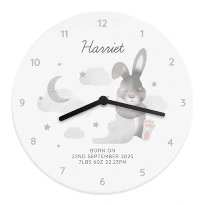 Image of CalEli Gifts Personalised Baby Bunny White Wooden Clock Lovely Keepsake Gift For A New Baby.