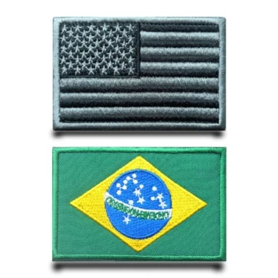 Image of 2 Pcs Brazilian Flag USA Patch Tactical Military Embroidered Fastener Hook &amp; Loop Applique Emblem Patches for Clothes,Jeans,Caps,Hats,Backpacks,Jacket,Vest,Bags