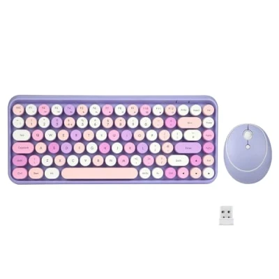 Image of Perixx PERIDUO 713 Wireless Compact Keyboard and Mouse Combo Pastel Blue, 2.4 GHz, Retro Round Keys, Purple, UK Layout