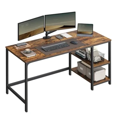 Image of VASAGLE Computer Desk, Desk with 2 Shelves Left or Right, Work for Office Room, Steel Frame, Industrial, Rustic Brown and Black LWD55X