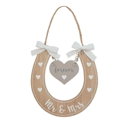 Image of Wedding Horseshoe Gift &#039;Mr &amp; Mrs&#039; with &#039;Forever&#039; Hanging Love Heart Wooden Good Luck Decorated White Hearts Bow Ribbons