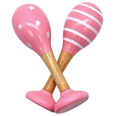 Image of PREMYO Baby Rattle Maracas Wooden Musical Instruments for Toddlers Newborn Sensory Toys Stripes Pink White