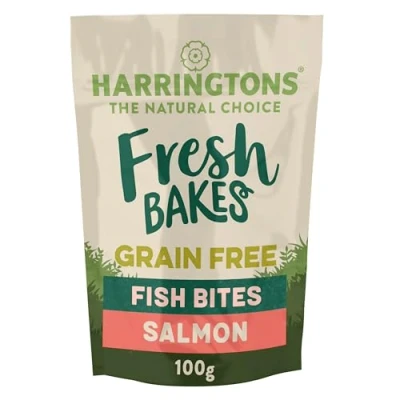 Image of Harringtons Fresh Bakes Grain Free Baked Salmon Fish Bites Dog Treats 100g (Pack of 8) Gently Oven