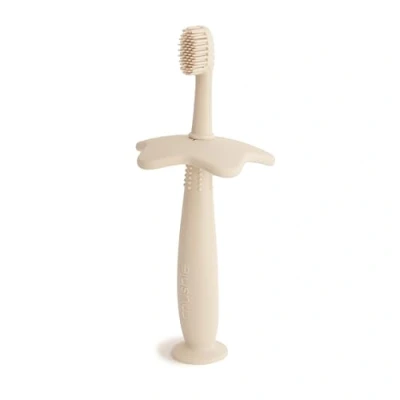 Image of Mushie Silicone Training Toothbrush for Infants and Toddlers Suction Base Easy Storage &amp; Material: Food Grade Star Design (Shifting Sand)