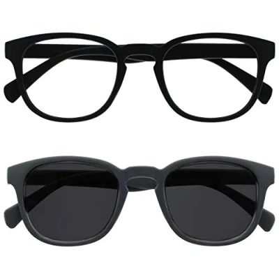 Image of OPULIZE Pop Twin Pack Reading Glasses with Sunglasses Retro Round Black Grey Mens Womens Spring Hinges RS2 17 +3.50