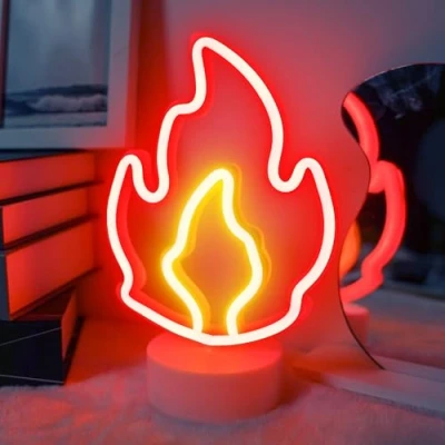 Image of Aslanka Fire Neon Light, Bedroom Night LED Light Signs Powered by Battery/USB, Decoration for Christmas Birthday Party Table Lamp Children Gifts