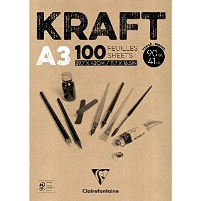 Image of Clairefontaine Ref 96546C Kraft Glued Pad (100 Sheets) A3 (420 x 297mm) Size, 90gsm Paper, Acid Free, pH Neutral Suitable for Painting &amp; Drawing Brown
